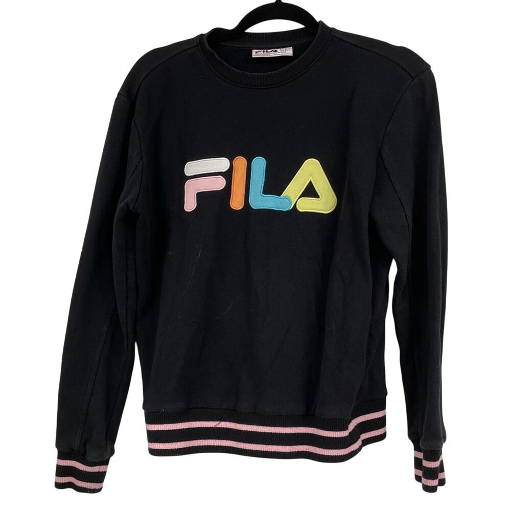 Fila Black Pink Colorful Logo Sweatshirt Womens S Retro Sport Casual Pullover